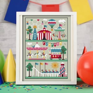 May include: A cross-stitch pattern of a funfair with a Ferris wheel, carousel, hot air balloon, roller coaster, and a sign that says "Funfair".