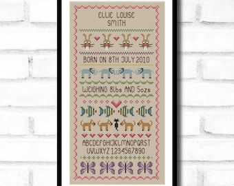 Baby Girl Birth Cross Stitch Sampler PDF Chart INSTANT DOWNLOAD