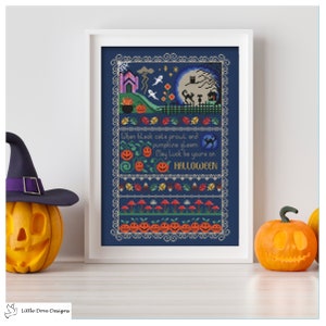 Black Cats and Pumpkins Halloween Cross Stitch Sampler PDF Chart INSTANT DOWNLOAD
