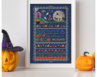 Patrón de punto de cruz de Halloween con gatos negros y calabazas (PDF) - DESCARGA INSTANTÁNEA