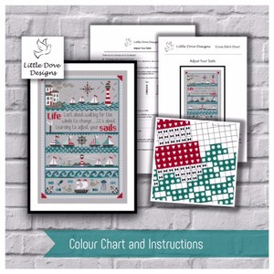 May include: A framed cross-stitch pattern with a nautical theme, featuring sailboats, a lighthouse, and the text "Life isn't about waiting for the winds to change...It's about learning to adjust your sails." Includes color chart and instructions.