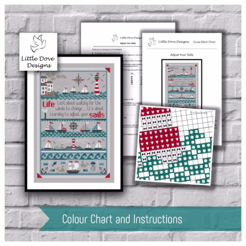 May include: A framed cross-stitch pattern with a nautical theme, featuring sailboats, a lighthouse, and the text "Life isn't about waiting for the winds to change...It's about learning to adjust your sails." Includes color chart and instructions.