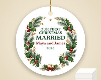First Christmas Married Ornament 2026, Mr and Mrs Personalized Couple Names Ceramic Keepsake, Newlywed Wedding Gift