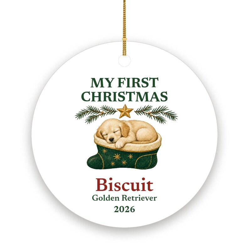 Dog's First Christmas Ornament 2026, Personalized Dog Name and Breed Ceramic Keepsake, New Puppy Gift image 2