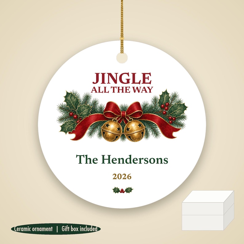 Golden Bells Christmas Ornament Personalized, Jingle All the Way Custom Name Ceramic image 1