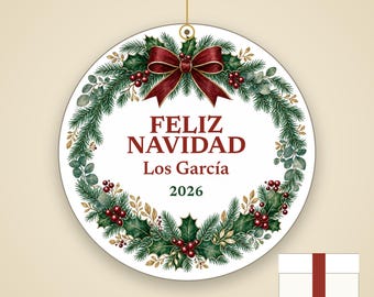 Feliz Navidad Family Name Ornament, Bilingual Spanish Custom Ceramic Keepsake 2026