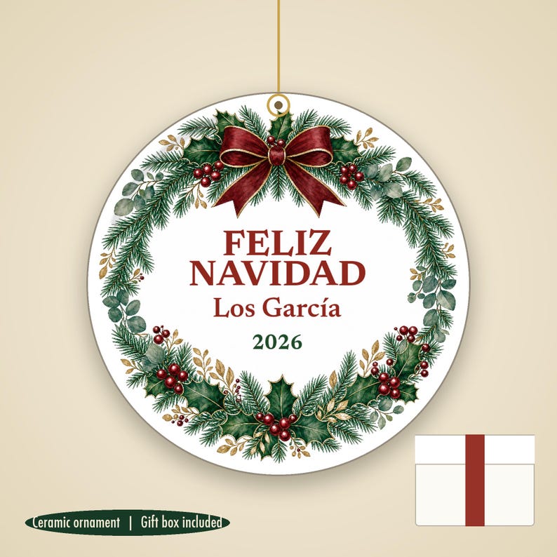 Feliz Navidad Family Name Ornament, Bilingual Spanish Custom Ceramic Keepsake 2026 image 1
