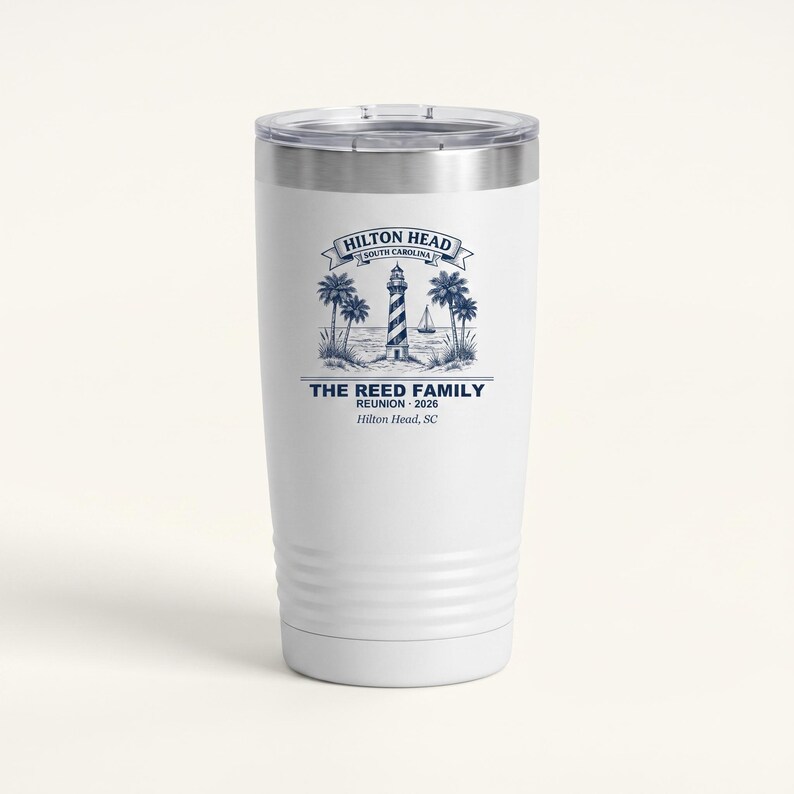 Personalisierter Hilton Head Familien-Treffen-Becher für den Strandurlaub 2026, isolierter Trinkbecher mit individuellem Namen, Urlaubsgeschenk, 590 ml Reisebecher Bild 1