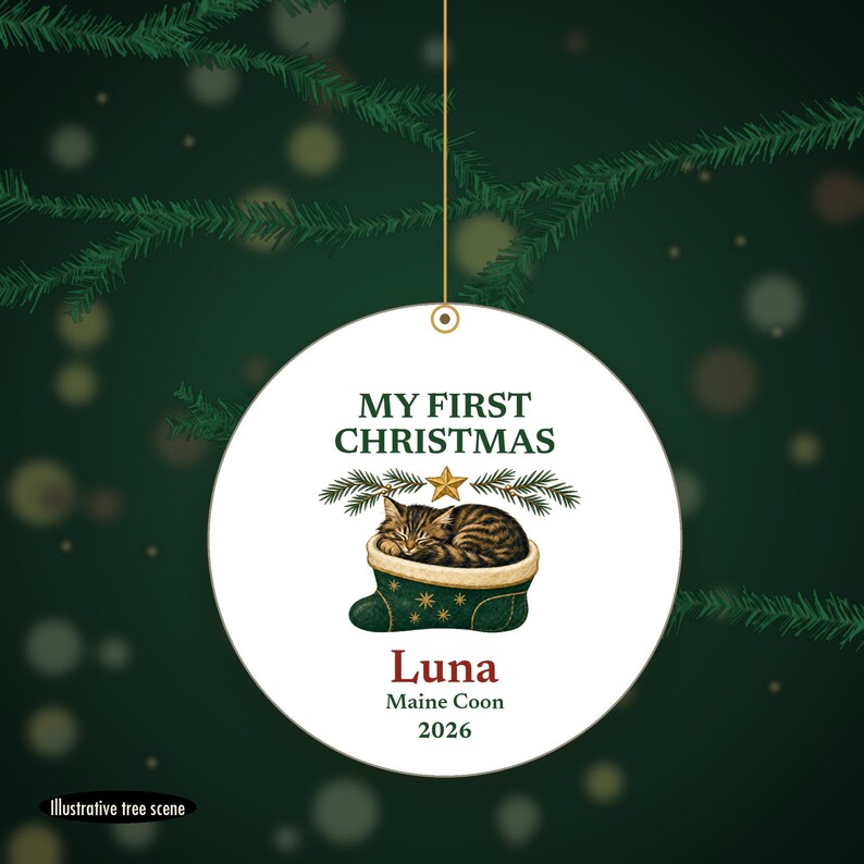 Cat's First Christmas Ornament 2026, Personalized Cat Name and Breed Ceramic Keepsake imagen 6