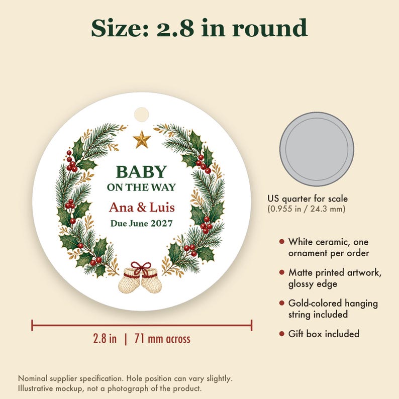 Ornement de Noël « Bébé en route » 2027, prénoms des parents personnalisés, annonce de grossesse, souvenir en céramique image 5
