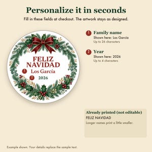 Feliz Navidad Family Name Ornament, Bilingual Spanish Custom Ceramic Keepsake 2026 image 3