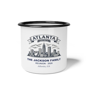 Personalisierte Emaille-Tasse für das Familientreffen in Atlanta, individuell gestaltete Camping-Kaffeetasse für Georgia, Geschenk zum Treffen 2026, Erinnerungsstück, Design mit Namen und Jahr Bild 1