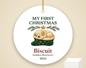 Dog's First Christmas Ornament 2026, Personalized Dog Name and Breed Ceramic Keepsake, New Puppy Gift