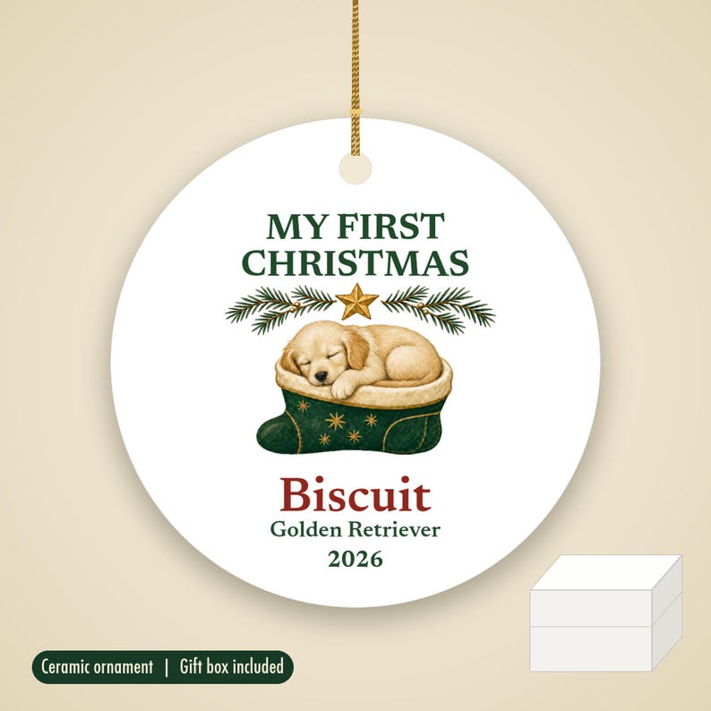 Dog's First Christmas Ornament 2026, Personalized Dog Name and Breed Ceramic Keepsake, New Puppy Gift image 1