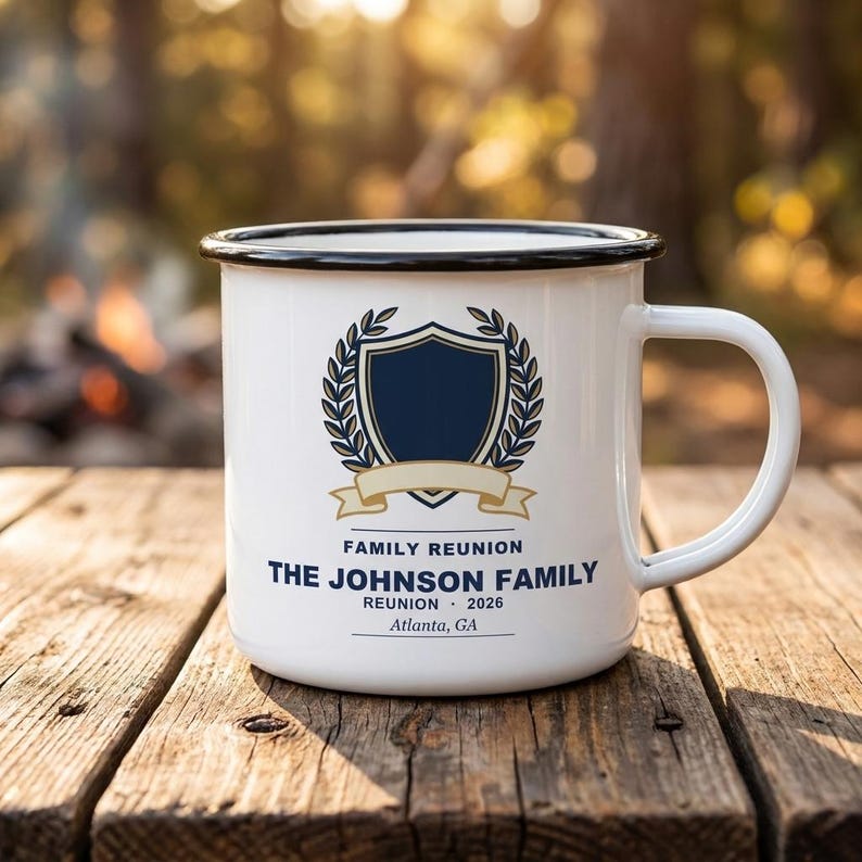 Personalized Family Reunion Enamel Mug Custom Crest and Year, family reunion mug, custom crest mug, reunion coffee cup, black reunion mug image 1