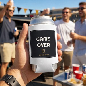 Funny Game Over Bachelor Party Koozie, Custom Can Cooler Groom Gift, Event Favor Beer Lovers, Personalized Drink Sleeve, Great Present Him image 1
