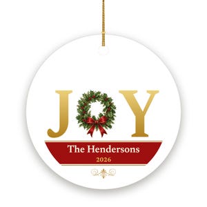 JOY Christmas Ornament Classic Red Gold, Holly Custom Family Name Ceramic Keepsake Bild 2