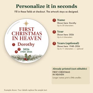 First Christmas in Heaven Ornament Personalized, Memorial Remembrance Ceramic Keepsake image 3