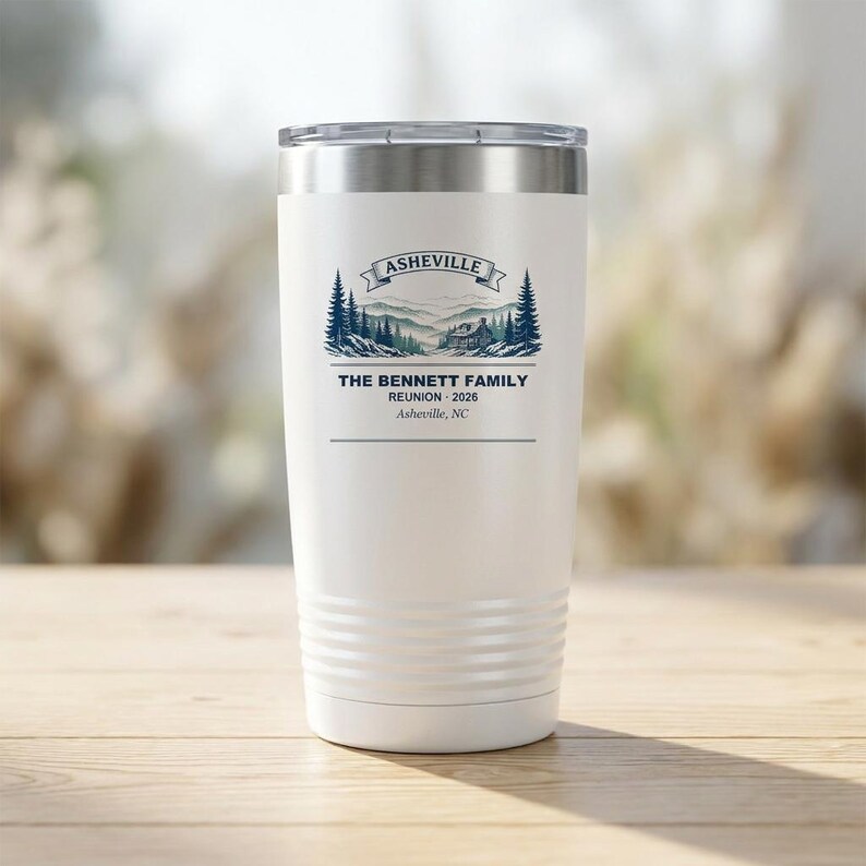 Beker voor familiereünie gepersonaliseerd, Asheville 2026 aangepaste naam 20oz geïsoleerde reisbeker afbeelding 1