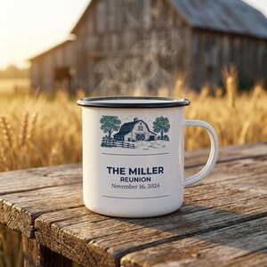 Personalized Farm Family Reunion Enamel Camp Mug, Custom 2026 Campfire Keepsake Gift, Vintage Travel Coffee Cup, Country Vacation Souvenir image 3