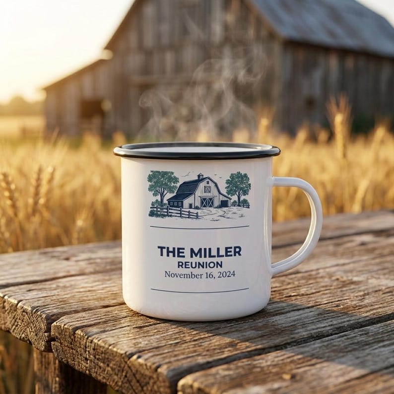 Personalized Farm Family Reunion Enamel Camp Mug, Custom 2026 Campfire Keepsake Gift, Vintage Travel Coffee Cup, Country Vacation Souvenir image 3