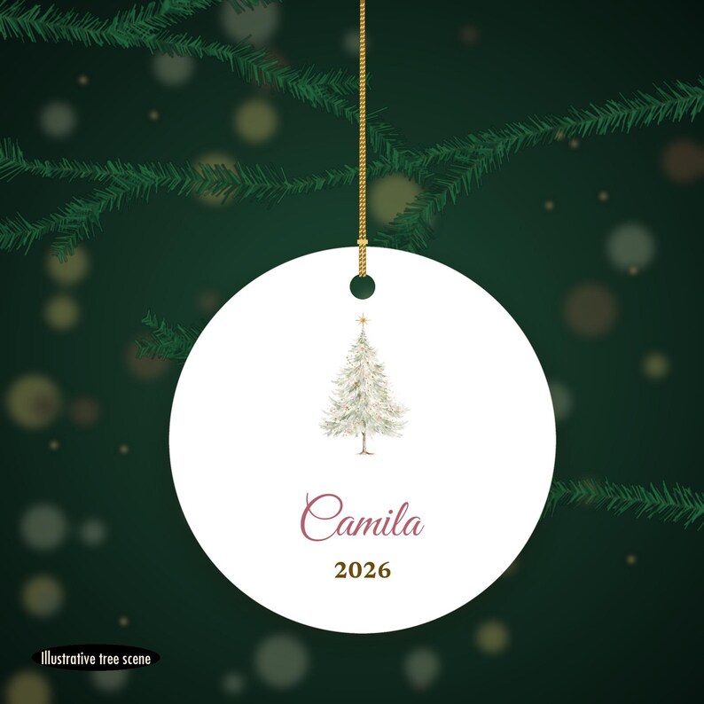 Dainty Christmas Tree Ornament Personalized, Pastel Cursive Name Ceramic Keepsake zdjęcie 6