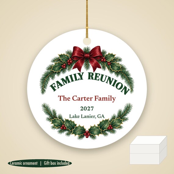 Round Family Reunion Ornament, Personalized Ceramic Keepsake With Family Name and Year — photo 1