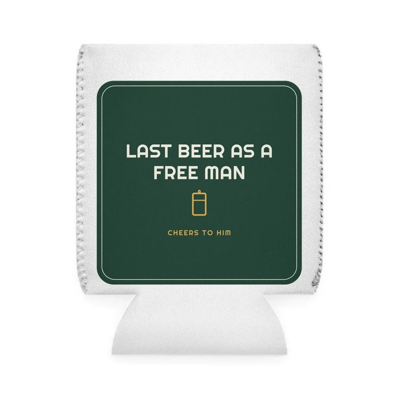 Funda para latas "Last Beer Free Man", divertida funda para latas de despedida de soltero, regalo para el novio, funda personalizada para latas de cerveza, recuerdo de boda, artículo de recuerdo para la celebración. imagen 2