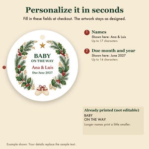 Ornement de Noël « Bébé en route » 2027, prénoms des parents personnalisés, annonce de grossesse, souvenir en céramique image 3