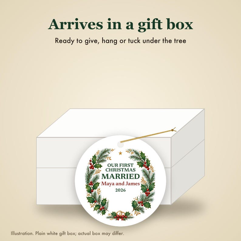 Adorno navideño "Primera Navidad de casados ​​2026", recuerdo de cerámica personalizado con los nombres de la pareja, Sr. y Sra., regalo de boda para recién casados. imagen 7