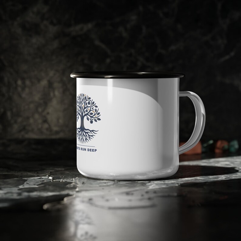 Taza personalizada para reunión familiar, taza de café esmaltada con el lema "Raíces profundas", regalo personalizado para la reunión familiar de 2026, recuerdo de la reunión familiar, taza para acampar. imagen 5