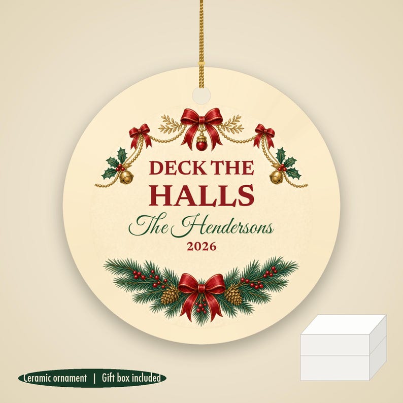 Deck the Halls Christmas Ornament, Classic Garland Custom Family Name Ceramic 2026 image 1