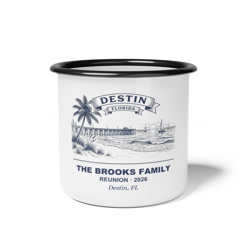 Personalized Family Reunion Enamel Mug, 2026 Destin Gulf Coast Beach Trip Gift, Custom Name Beach Reunion Mug, Family Matching Enamel Cup image 1