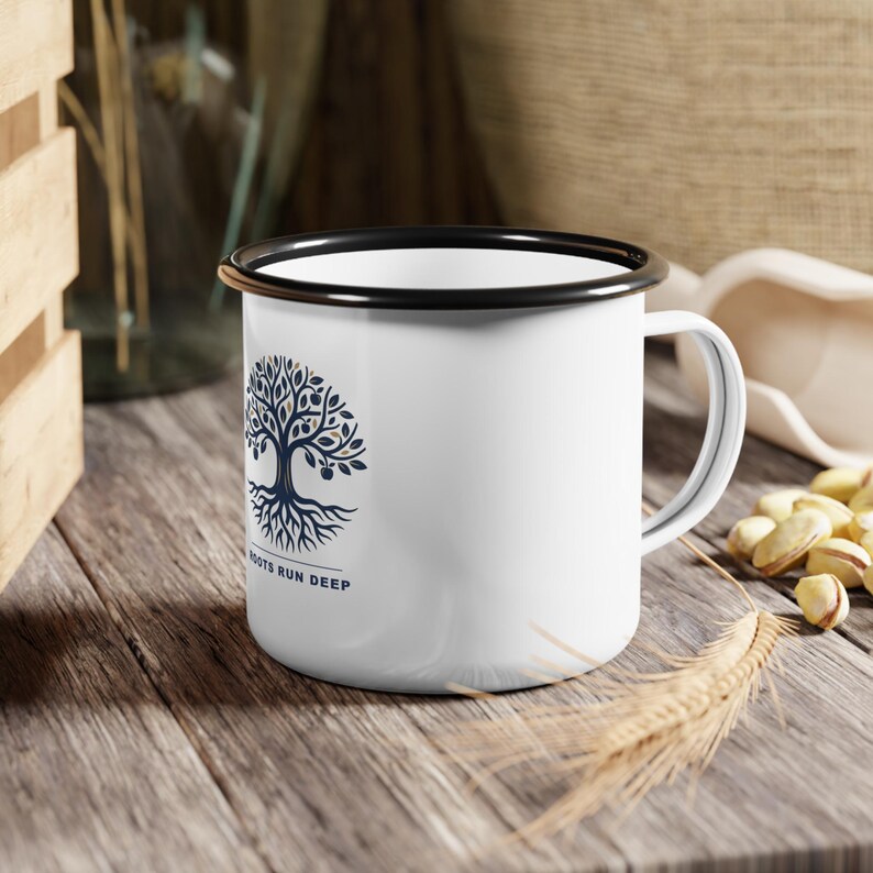 Taza personalizada para reunión familiar, taza de café esmaltada con el lema "Raíces profundas", regalo personalizado para la reunión familiar de 2026, recuerdo de la reunión familiar, taza para acampar. imagen 6