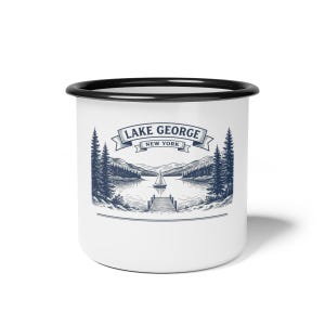 Personalized Family Reunion Mug, Lake George Enamel Camp Cup, Adirondacks Custom Name Travel Mug, 2026 Family Gathering Keepsake Gift image 1