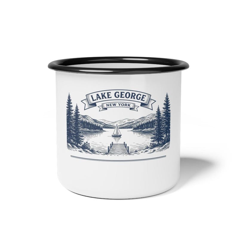 Personalized Family Reunion Mug, Lake George Enamel Camp Cup, Adirondacks Custom Name Travel Mug, 2026 Family Gathering Keepsake Gift image 1