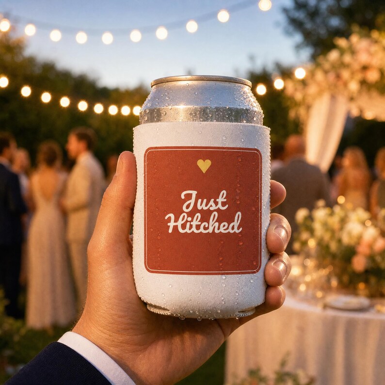 Just Hitched Wedding Koozie, Personalized Can Cooler with Custom Name & Date, Beer Sleeve Favor Gift, Drink Holder, Newlywed Keepsake image 1