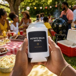 Potato Salad Patrol Funny Koozie, Black Family Cookout Can Cooler, Reunion Party Favor, Funny Summer BBQ Beer Drink Holder, Personalized image 1