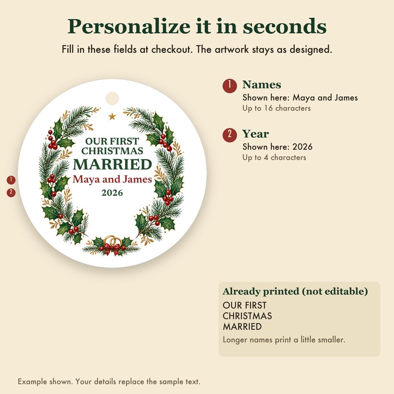 Adorno navideño "Primera Navidad de casados ​​2026", recuerdo de cerámica personalizado con los nombres de la pareja, Sr. y Sra., regalo de boda para recién casados. imagen 3