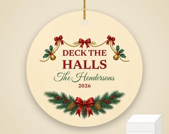 Deck the Halls Christmas Ornament, Classic Garland Custom Family Name Ceramic 2026