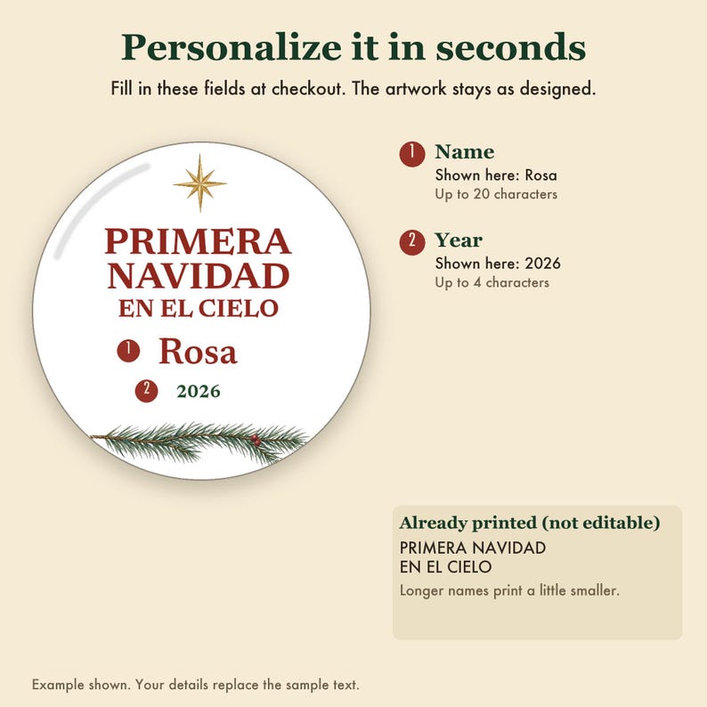 Primera Navidad en el Cielo Ornament, Spanish Memorial Remembrance Ceramic Personalized imagem 3