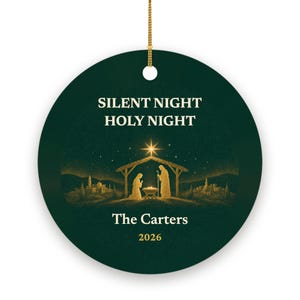 Nativity Christmas Ornament Personalized, Holy Family Silent Night Family Name Ceramic image 2