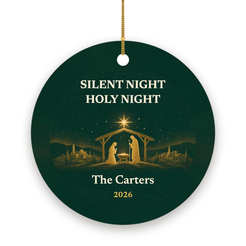 Nativity Christmas Ornament Personalized, Holy Family Silent Night Family Name Ceramic image 2
