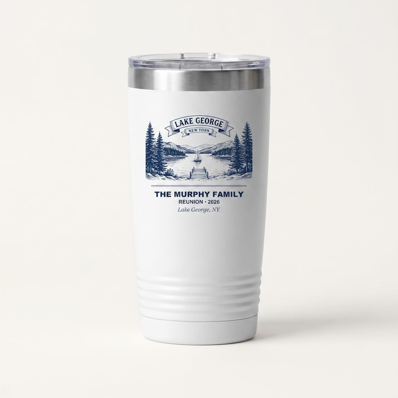 Lake George familjeåterföreningsmugg 2026, personlig anpassad namn Adirondacks-resa matchande mugg bild 1