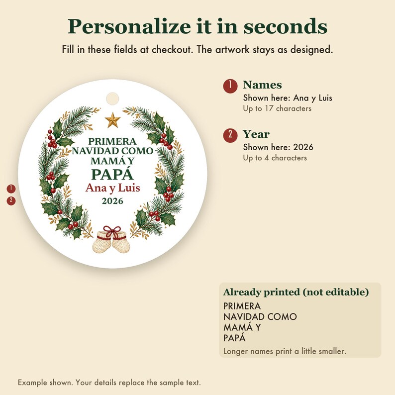Primera Navidad Como Mama y Papa Ornament 2026, Spanish New Parents Names Ceramic Keepsake, Regalo Bebe image 3