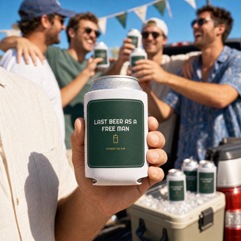 Funda para latas "Last Beer Free Man", divertida funda para latas de despedida de soltero, regalo para el novio, funda personalizada para latas de cerveza, recuerdo de boda, artículo de recuerdo para la celebración. imagen 1