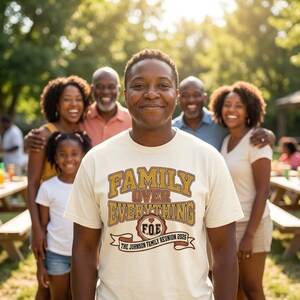 Camiseta de la reunión familiar 2026 "La familia por encima de todo", camiseta familiar negra personalizada. imagen 1