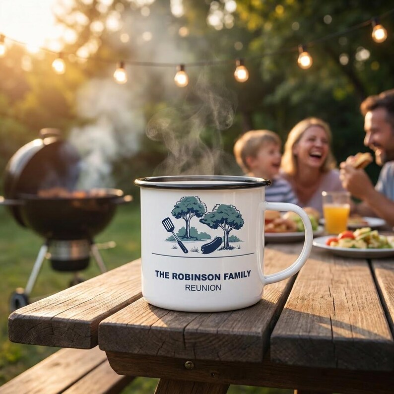Gepersonaliseerde emaille mok familiereünie, achtertuin BBQ Camp Cup 2026, custom aandenken afbeelding 2