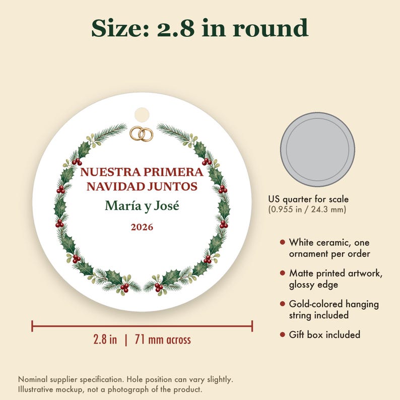 Nuestra Primera Navidad Juntos Ornament, Spanish Couple Names Ceramic Personalized 2026 afbeelding 5