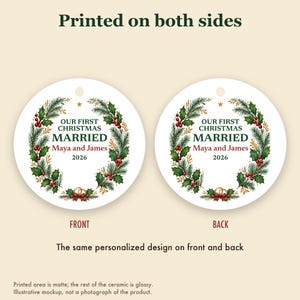 Adorno navideño "Primera Navidad de casados ​​2026", recuerdo de cerámica personalizado con los nombres de la pareja, Sr. y Sra., regalo de boda para recién casados. imagen 8